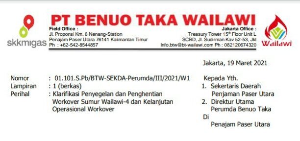 Berita PPU Terkini - Surat klarifikasi dari PT. Benuo Taka Wailawi yang ditandatangani Direktur Indra Riswanto